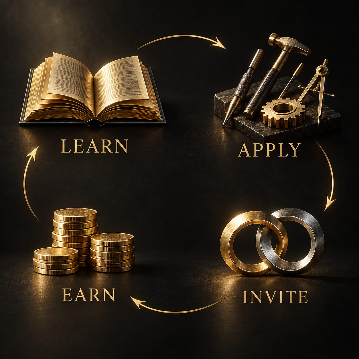 Learn, Apply, Invite, Earn — the referral cycle.