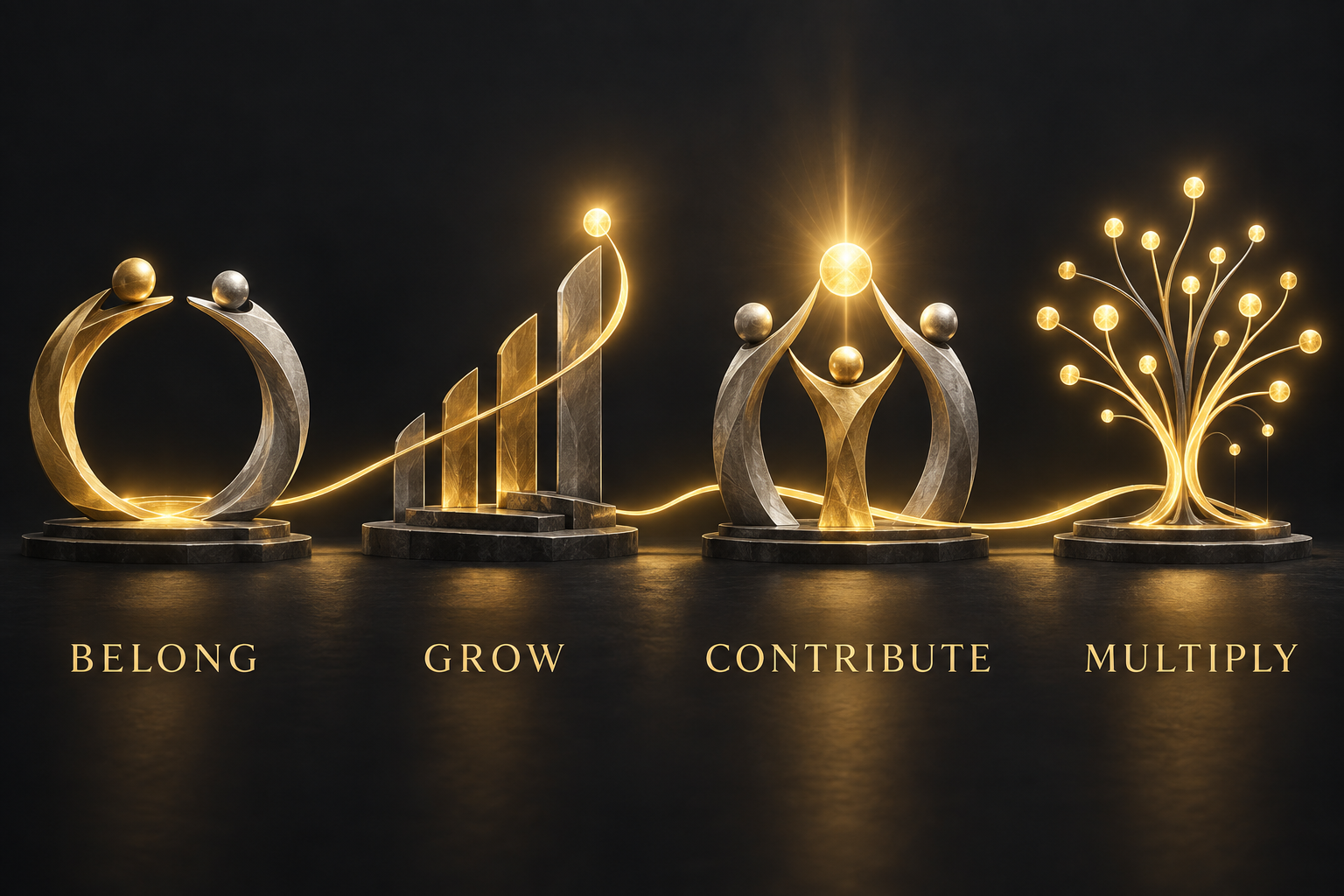 Belong, Grow, Contribute, Multiply — four connected stages of the community.
