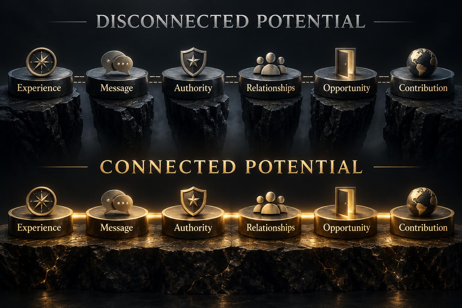 Disconnected and connected potential: Experience, Message, Authority, Relationships, Opportunity and Contribution.