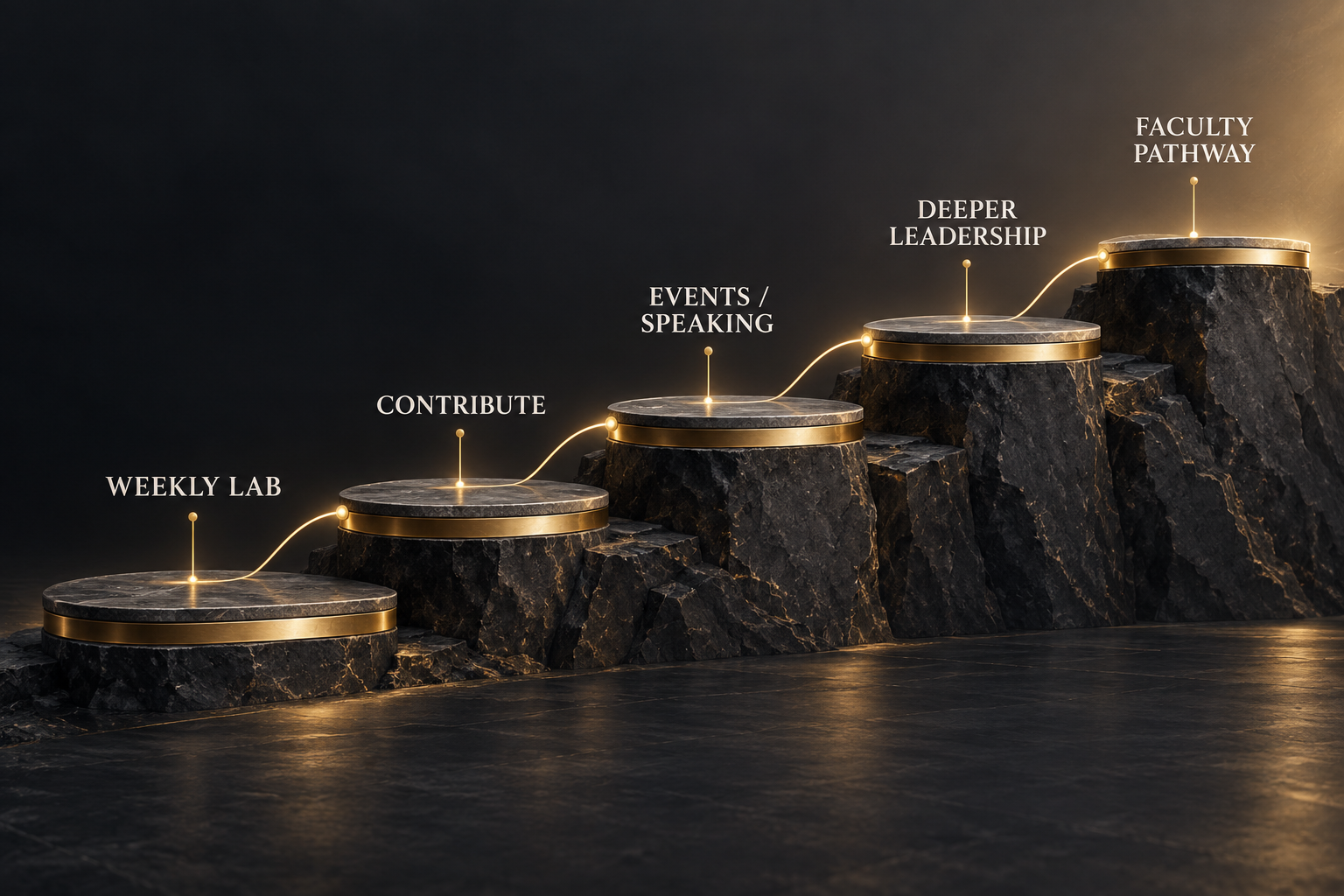 A potential pathway from Weekly Lab to contribution, events and speaking, deeper leadership, and faculty.